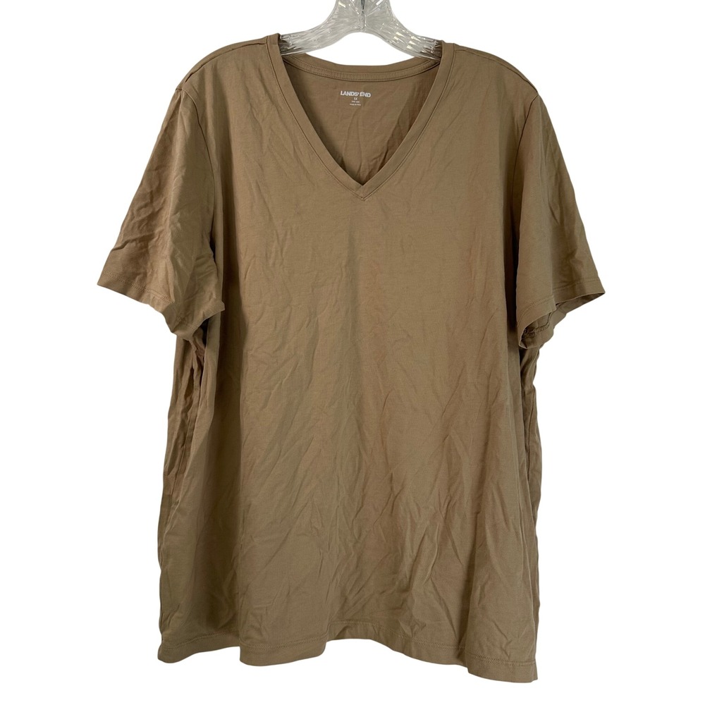 Lands' End Womens 1X V-Neck Short Sleeve T-Shirt Tan Brown 100% Cotton Plus Size